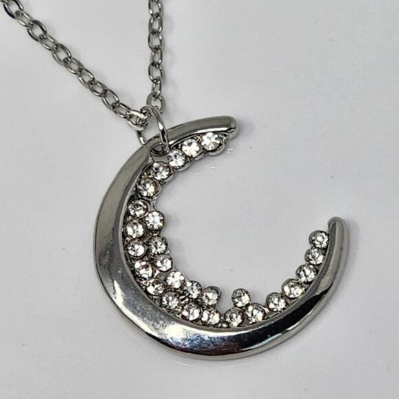Silver Crescent Moon Cubic Zirconia Necklace - Picture 2 of 5